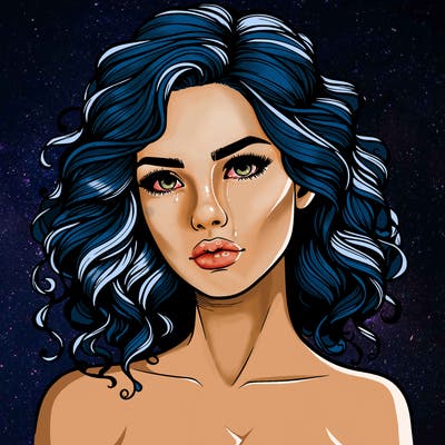 realistic woman portrait with curled hair and serious face