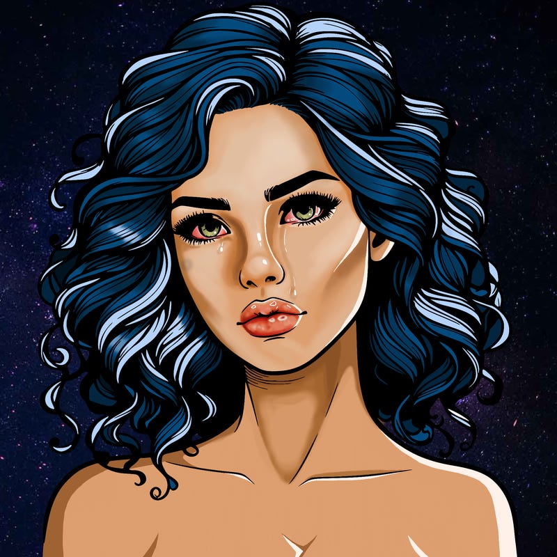 realistic woman portrait with curled hair and serious face