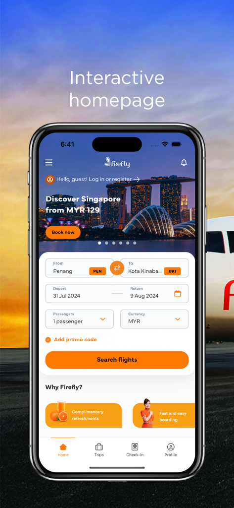 Firefly Airlines - Firefly Airlines mobile app homepage showing flight search options and promotional travel deals in Southeast Asia