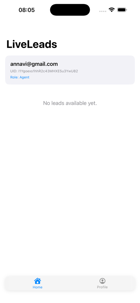 LiveLeads app agent home screen showing user profile and no available leads