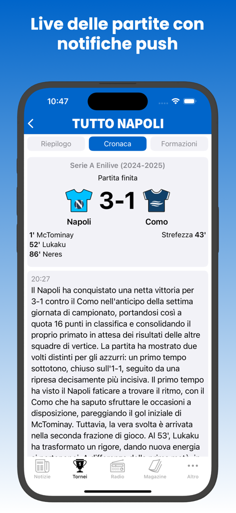 Tutto Napoli - Captura de tela do aplicativo Tutto Napoli mostrando um placar de 3-1 entre Napoli e Como com texto de comentário ao vivo.