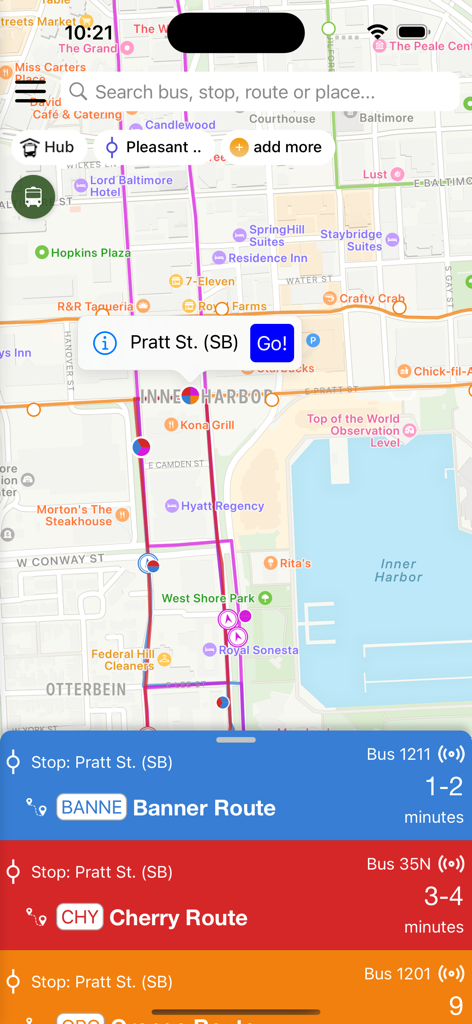 Passio GO - Real-time transit map on Passio GO showing bus routes and estimated arrival times in Baltimore.