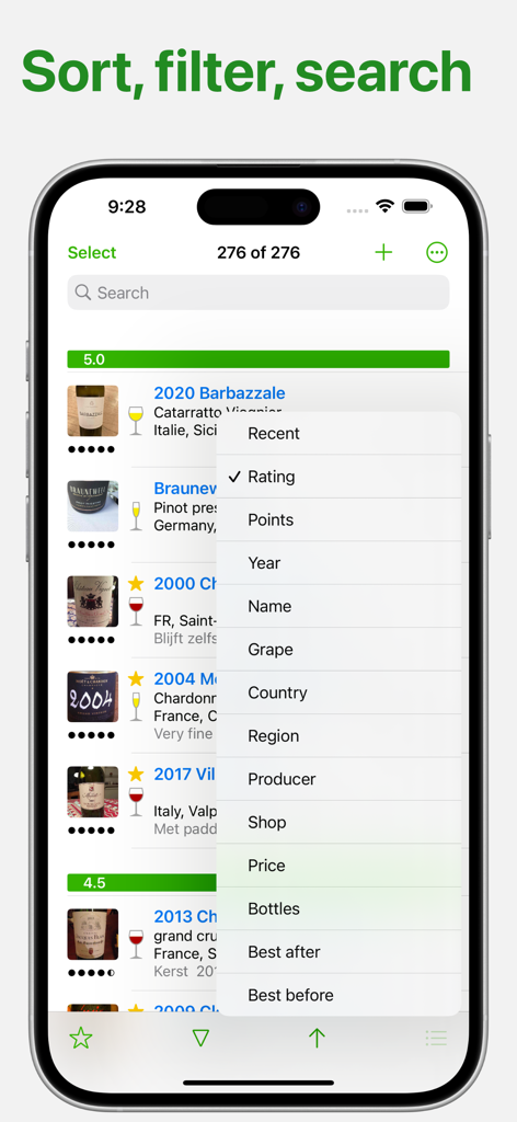 Wines - wine notes V2 - A mobile app interface displaying a list of logged wines with an open menu for sorting by rating, year, and price.
