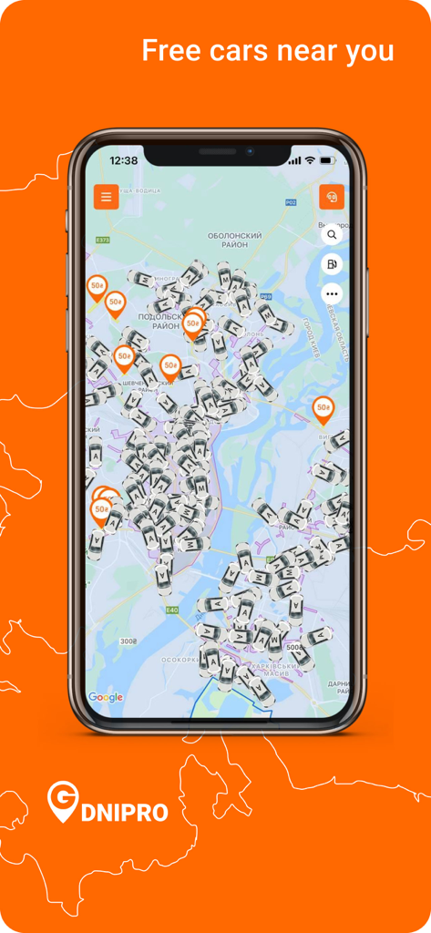 Getmancar app interface showing a map with many available cars for rent in Dnipro