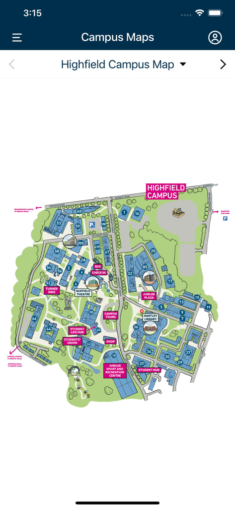 건물 위치와 학생 시설을 보여주는 사우스햄튼 대학교 하이필드 캠퍼스의 그림 지도