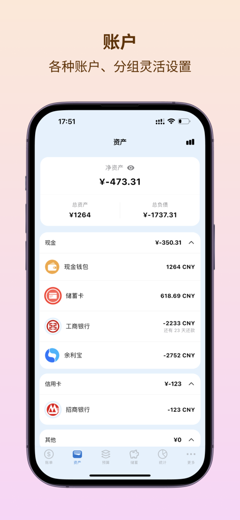 Assets overview screen of the Dazhuan Yibi bookkeeping app showing net worth and account balances