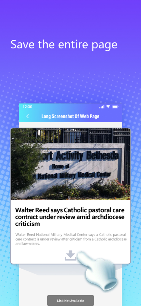 Interface of the Castly plus app showing the long screenshot of web page feature capturing an online news article.