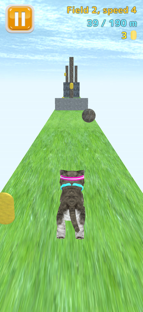 Un gattino grigio che corre su una pista erbosa nel gioco mobile Cat Run.