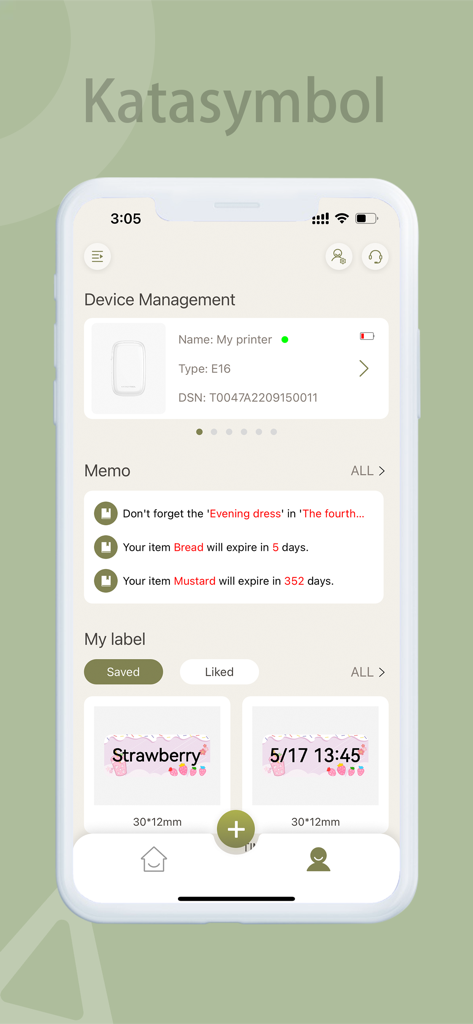 Katasymbol - Interfaz de la aplicación móvil Katasymbol que muestra la gestión de la impresora de etiquetas y notas de organización de artículos