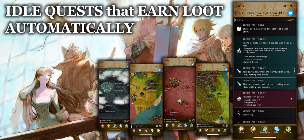 Artesnaut: Fantasy Idle RPG - Artesnaut gameplay screens showing fantasy world maps and text based quest logs for automatic loot collection