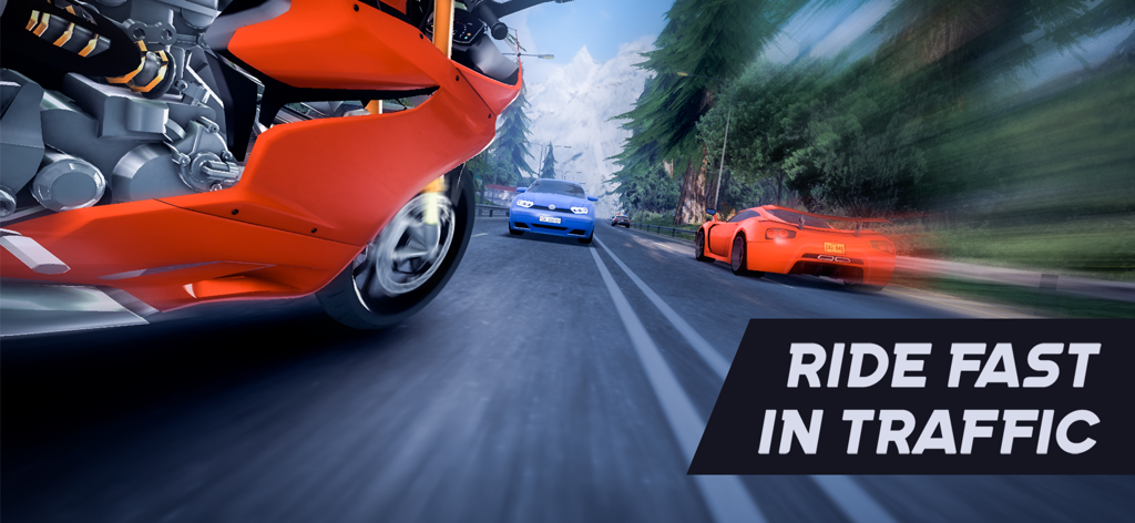 Real Moto Rider: Traffic Race - Uma mota laranja a correr em alta velocidade pelo trânsito da autoestrada num cenário de montanha.