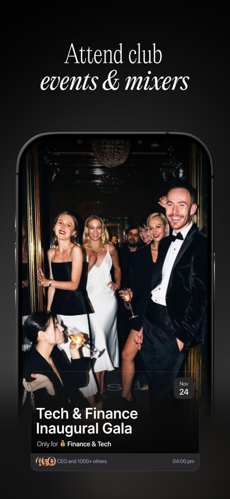 Clockout - Network Socially - A group of young professionals in formal attire at a Tech and Finance Inaugural Gala event on the Clockout app.