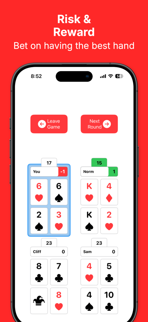 Cambio - Card Game - Cambio card game round results screen displaying player scores and revealed card hands