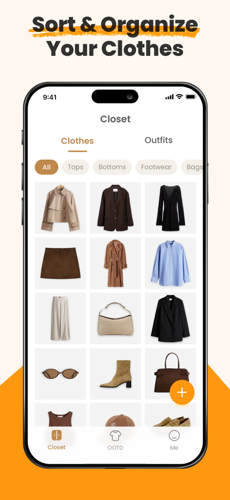 DLOOK: AI Fashion Stylist - Digital closet interface showing various clothing items organized in a grid.
