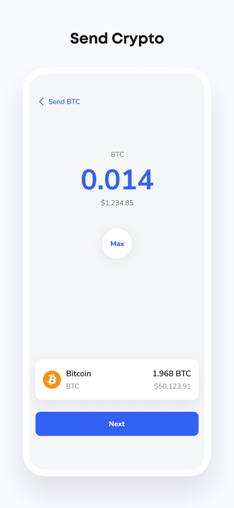 The RICE Wallet app interface showing a transaction screen for sending Bitcoin.
