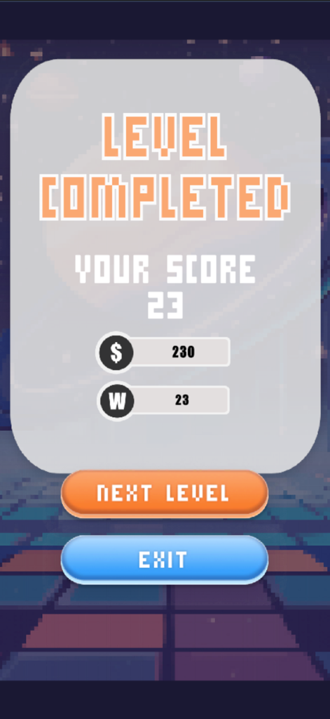 Word Blast: Word Puzzle Games - Pantalla de nivel completado de Word Blast que muestra la puntuación del jugador y las recompensas