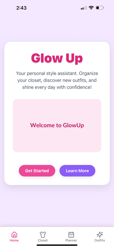 GG Glow Up - Welcome screen of the GG Glow Up personal style assistant app