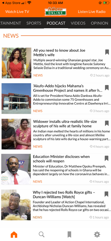 AdomOnline - AdomOnline mobile app interface showing a vertical list of Ghanaian news articles with headlines and thumbnails