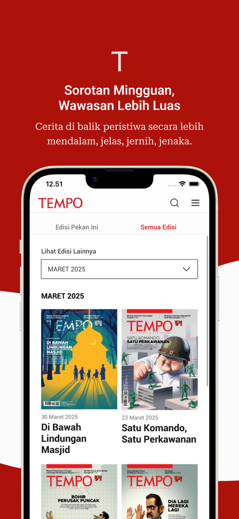 TEMPO - Interfaz de la aplicación de noticias TEMPO mostrando varias ediciones de revistas indonesias e informes de investigación.