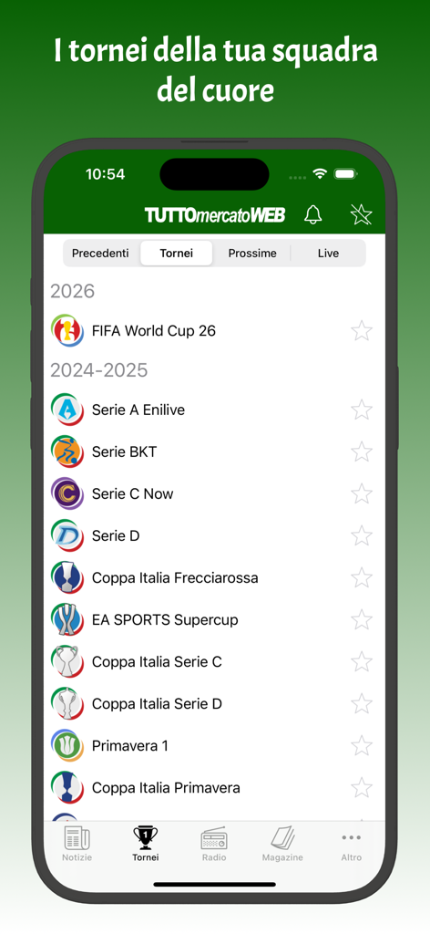 Lista de torneos y ligas de fútbol mostrada en la aplicación móvil TuttoMercatoWeb