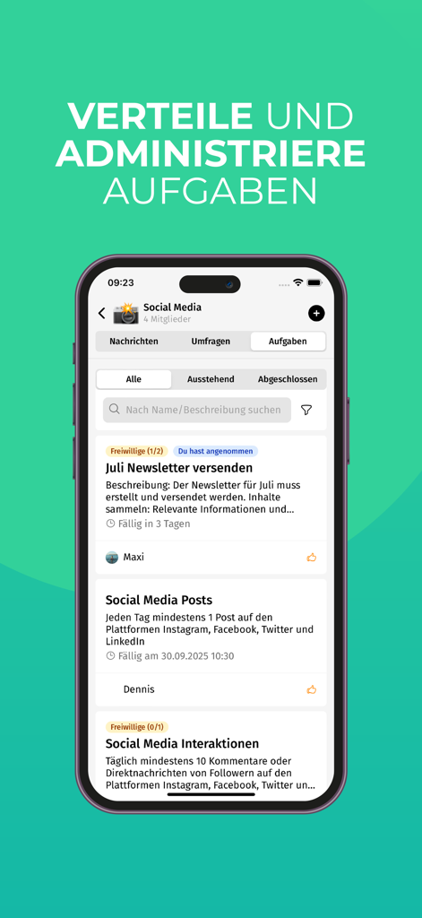 campai - Mobile screen of the campai app showing task lists for community management and social media coordination
