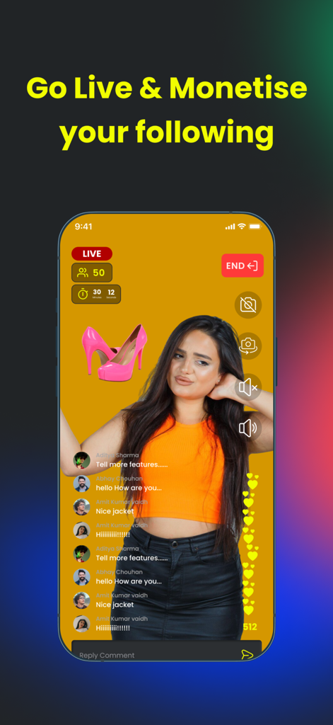 CoutLoot app interface showing a live shopping stream with a host and interactive chat