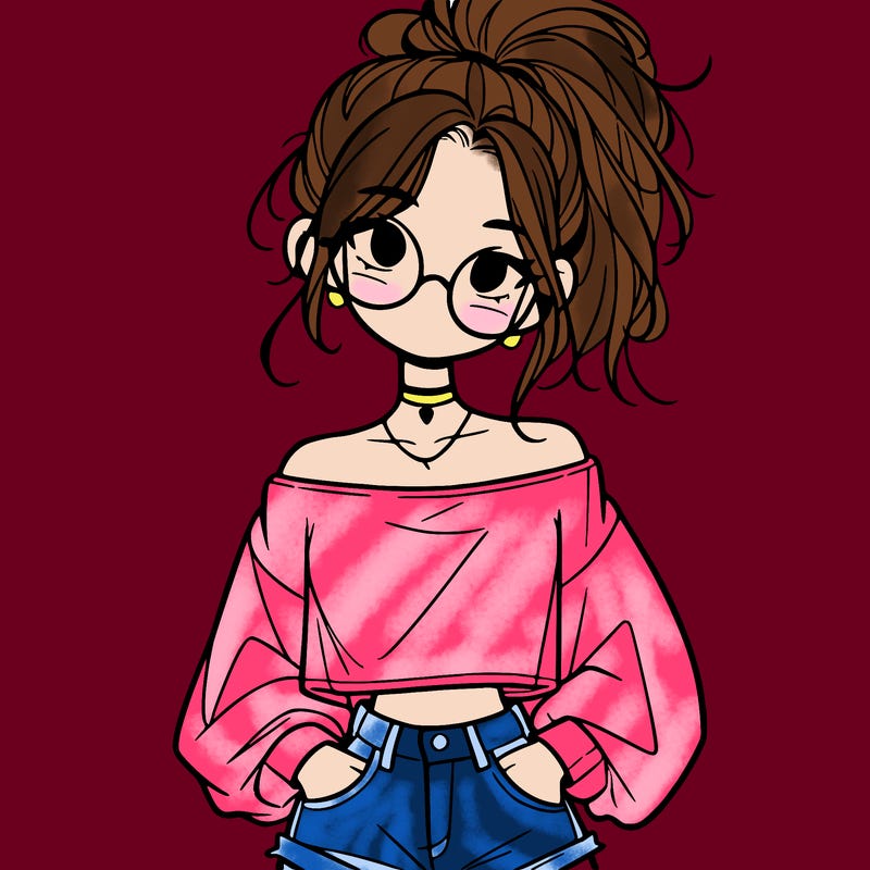 girl with a messy ponytail glasses a baggy crop top and jean shorts