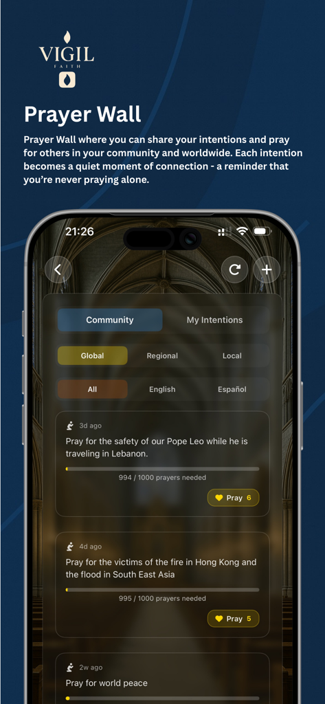 Vigil Faith - Catholic Bible - Vigil Faith App Prayer Wall-Oberfläche, die globale Gebetsanliegen der Gemeinschaft und zweisprachige Spracheinstellungen anzeigt.
