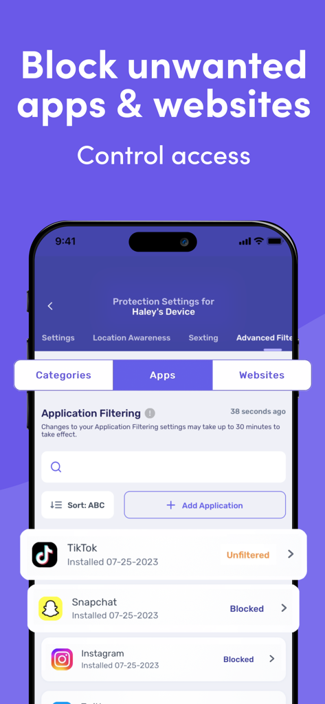Canopy app interface showing how to block unwanted apps like Instagram and Snapchat
