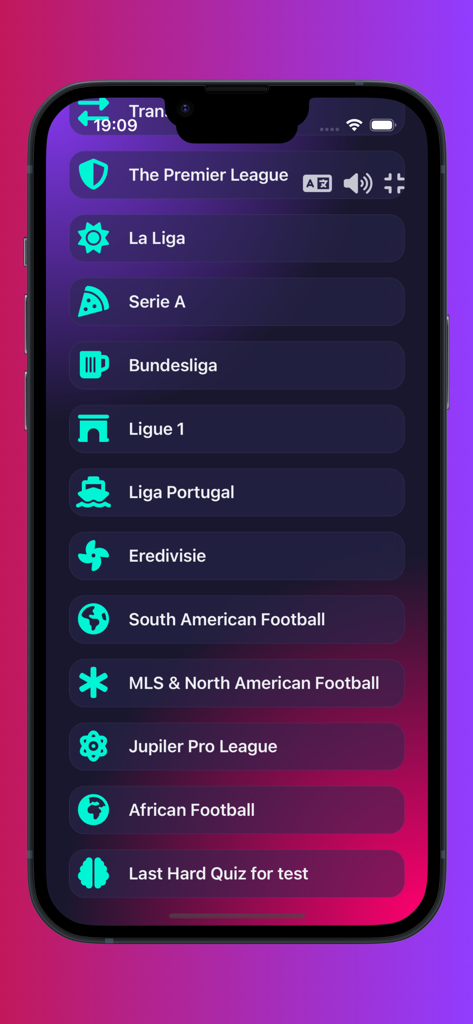 Pantalla de menú de la aplicación Ultimate Football Quiz que muestra varias categorías de ligas de fútbol como la Premier League y la MLS