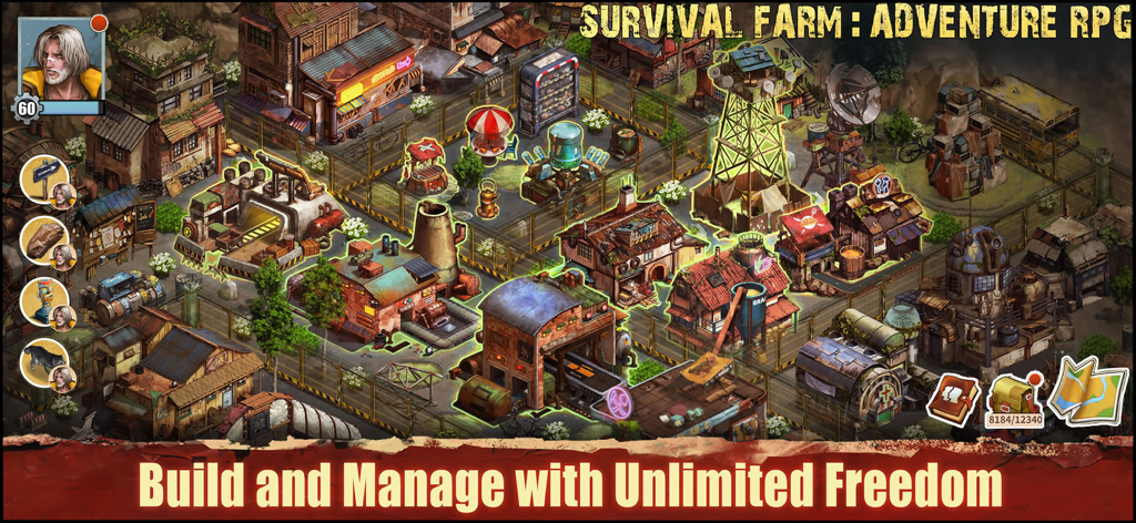 Vista isométrica de una base postapocalíptica con varias estructuras y edificios de supervivencia en Survival Farm Adventure RPG.