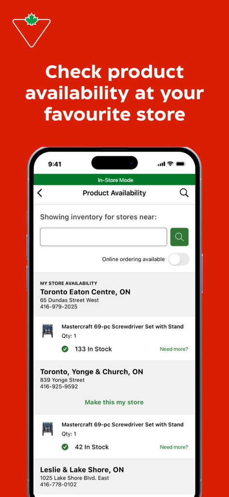 Canadian Tire: Shop Smarter - Écran de smartphone affichant la disponibilité des produits sur l'application Canadian Tire et les niveaux de stock pour un jeu de tournevis dans les magasins locaux.