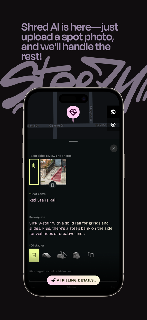 ShredSpots app interface showing AI automatically identifying skate spot features and filling in details from a photo
