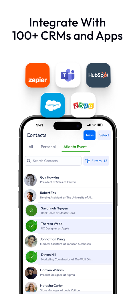Linq mobile app showing contact management and integrations with Salesforce HubSpot and Zapier