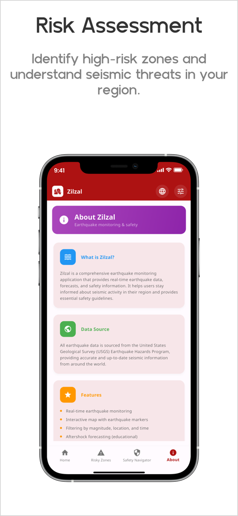 Zilzal - Interface de l'application de surveillance des séismes Zilzal montrant l'évaluation des risques et les détails des fonctionnalités