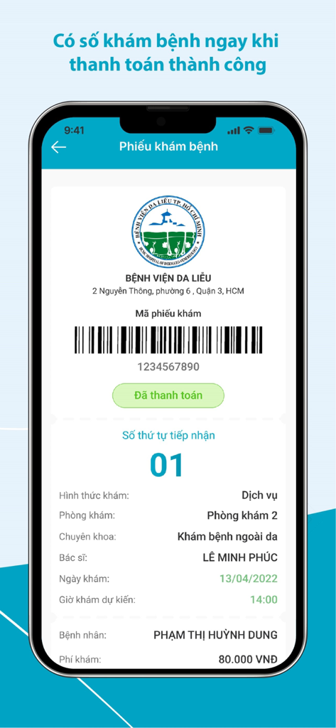 BV Da Liễu Tp.HCM- ĐKKB Online - A digital medical examination slip on a mobile app screen showing a barcode and queue number for the Ho Chi Minh City Hospital of Dermato-Venereology