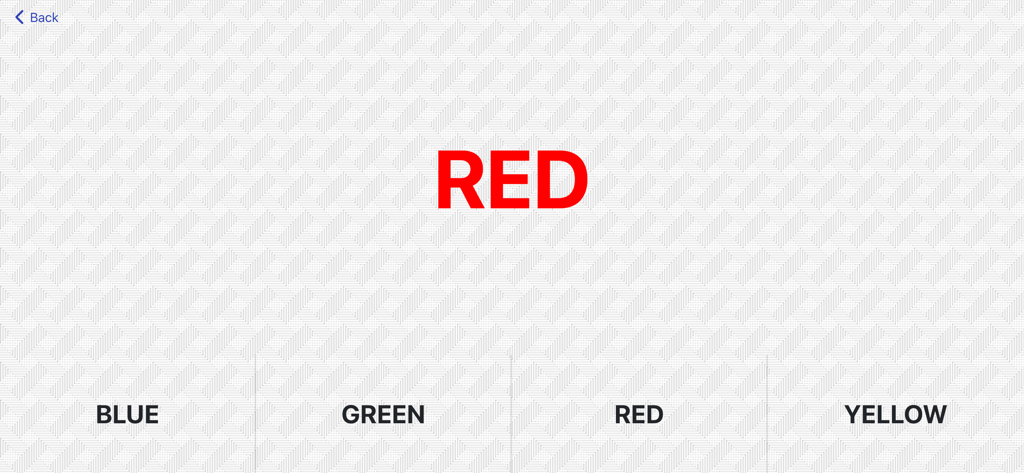 Brain Tool Kit - Interface of a Stroop test exercise in the Brain Tool Kit app showing the word RED in red text with multiple color choice buttons.
