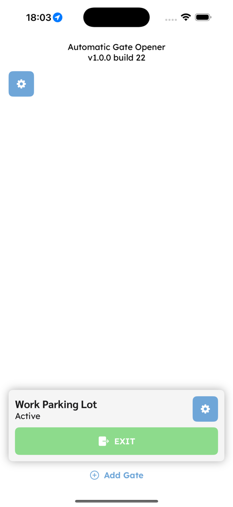 Automatic Gate Opener - Interface of the Automatic Gate Opener app displaying an active gate for a work parking lot