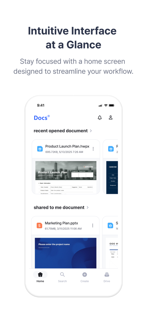 Hancom Docs - El panel móvil de Hancom Docs que muestra una pantalla de inicio intuitiva con archivos HWPX y PPTX compartidos abiertos recientemente.