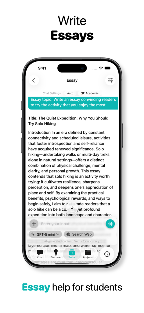 AI ChatBot Assistant ChatUltra - Interfaz de la aplicación ChatUltra AI que muestra un ensayo de formato largo generado por el chatbot de IA.