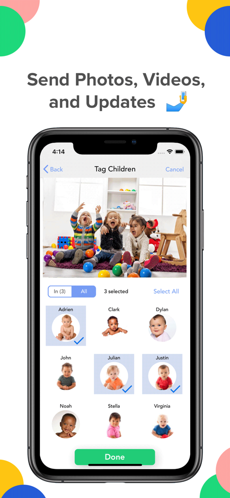 Interfaz de la aplicación Daily Connect para etiquetar niños en fotos y videos para compartir actualizaciones con los padres.