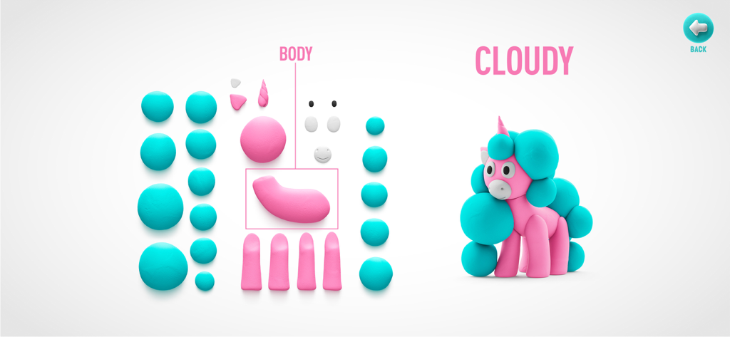 HEY CLAY® - A step by step breakdown of clay shapes and pieces needed to create a pink and turquoise unicorn character named Cloudy