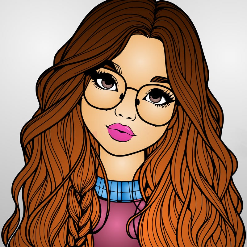 girl with long hair and freckles and glasses realistic