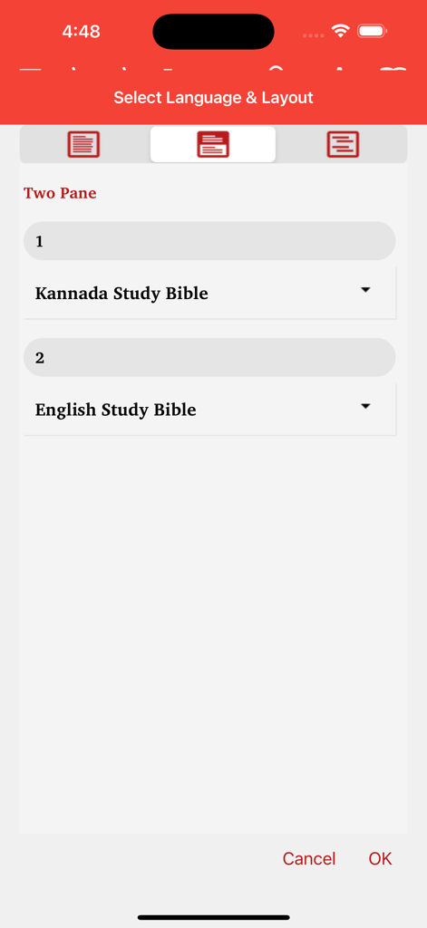 Selection screen for two-pane layout with Kannada and English study bibles