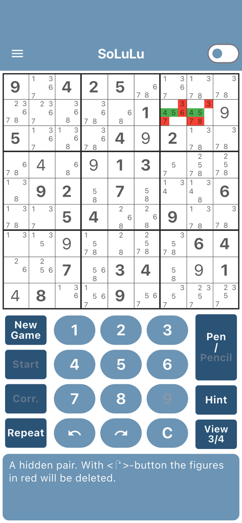 SoLuLu - SoLuLu app interface displaying a hidden pair hint with visual highlighting on a Sudoku grid