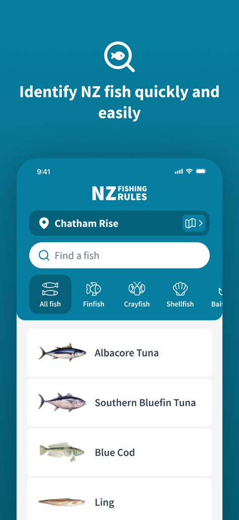 NZ Fishing Rules - Pantalla de identificación de especies de peces en la aplicación móvil NZ Fishing Rules.