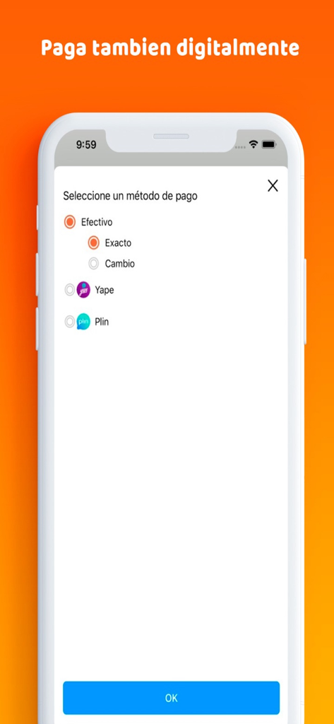 Llamafood app interface showing payment methods including cash and digital options like Yape and Plin
