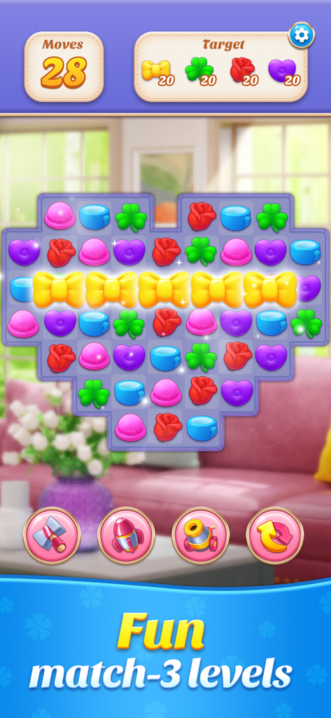 Decor Master:Villa - Heart shaped match 3 puzzle level in Decor Master Villa with colorful icons and game boosters