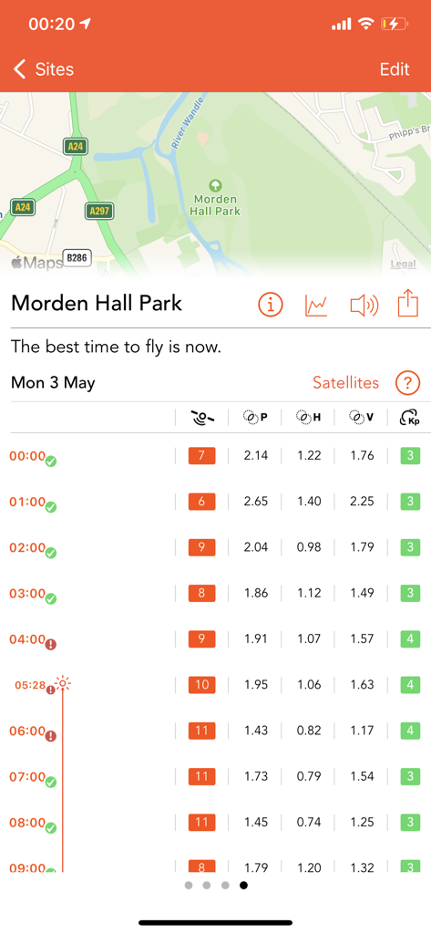 Windsock app interface showing hourly satellite metrics and a location map for drone pilots