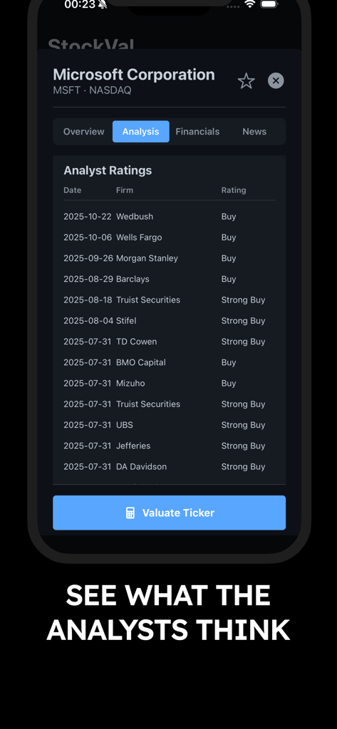StockVal AI: Fair Value Stocks - StockVal AI app screen displaying Wall Street analyst ratings for Microsoft stock